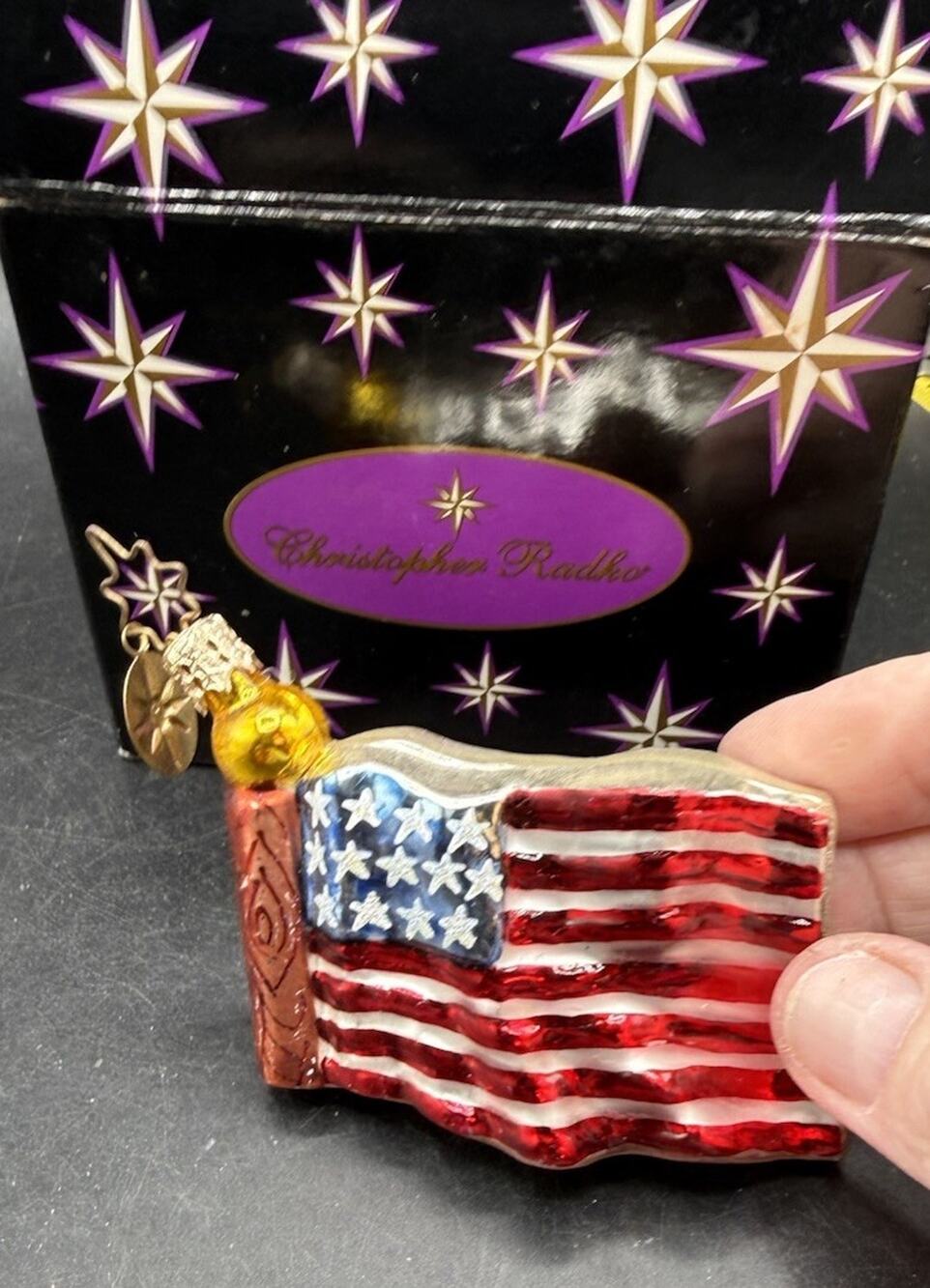 Vintage Christopher Radko • Stars and Stripes Flag Christmas Ornament In Box 55D